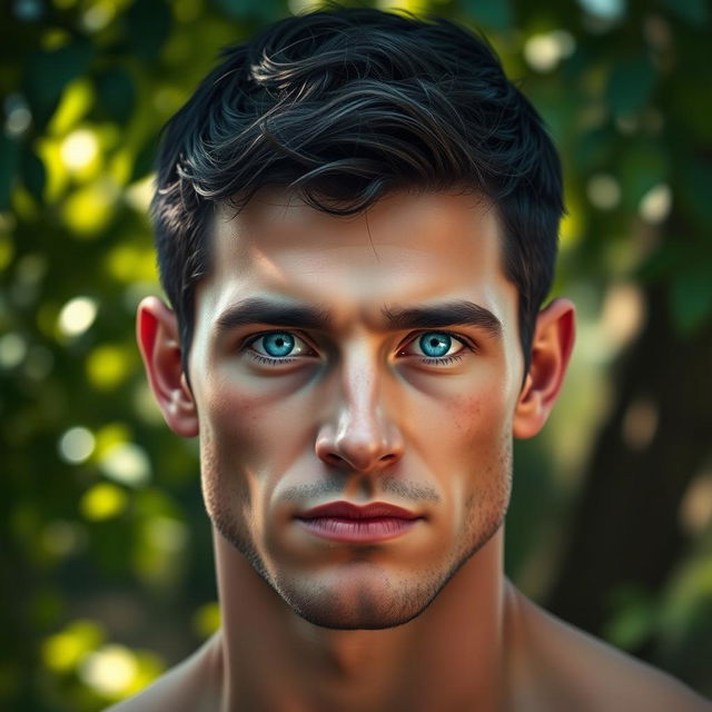 A realistic portrayal of a human with striking Kaiser blue eyes, showcasing their vibrant color and captivating expression