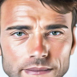 Close-up of a handsome man's face with striking features on a clean white background.