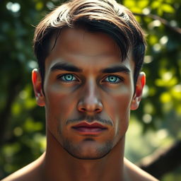 A realistic portrayal of a human with striking Kaiser blue eyes, showcasing their vibrant color and captivating expression