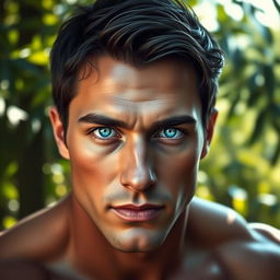A realistic portrayal of a human with striking Kaiser blue eyes, showcasing their vibrant color and captivating expression