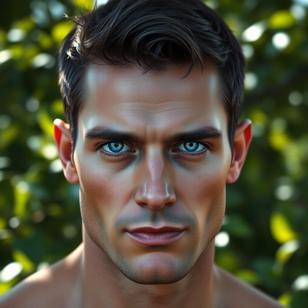 A realistic portrayal of a human with striking Kaiser blue eyes, showcasing their vibrant color and captivating expression