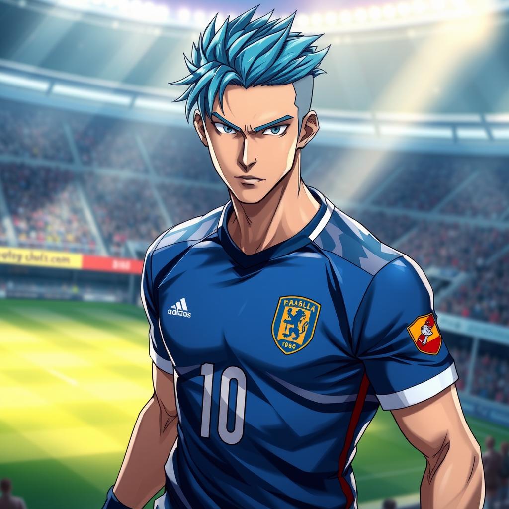 A realistic portrait of a male athlete inspired by Kaiser from the anime Blue Lock, featuring an intense expression and dynamic pose