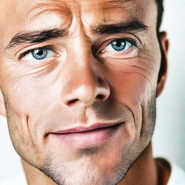 Close-up of a handsome man's face with striking features on a clean white background.