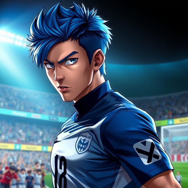 A realistic portrait of a male athlete inspired by Kaiser from the anime Blue Lock, featuring an intense expression and dynamic pose