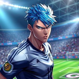 A realistic portrait of a male athlete inspired by Kaiser from the anime Blue Lock, featuring an intense expression and dynamic pose