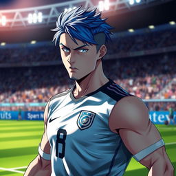 A realistic portrait of a male athlete inspired by Kaiser from the anime Blue Lock, featuring an intense expression and dynamic pose