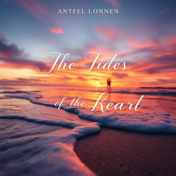 A captivating novel cover for 'The Tides of the Heart', featuring a serene coastal landscape at dusk