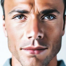 Close-up of a handsome man's face with striking features on a clean white background.