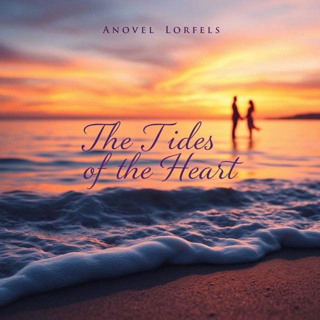 A captivating novel cover for 'The Tides of the Heart', featuring a serene coastal landscape at dusk