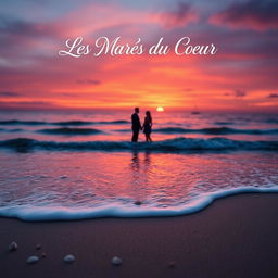 A mesmerizing book cover for a novel titled 'Les Marées du Coeur', featuring a romantic ocean scene at sunset