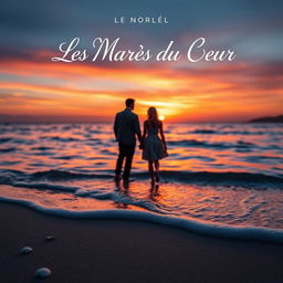A mesmerizing book cover for a novel titled 'Les Marées du Coeur', featuring a romantic ocean scene at sunset