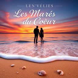 A mesmerizing book cover for a novel titled 'Les Marées du Coeur', featuring a romantic ocean scene at sunset