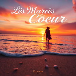 A mesmerizing book cover for a novel titled 'Les Marées du Coeur', featuring a romantic ocean scene at sunset