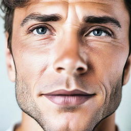 Close-up of a handsome man's face with striking features on a clean white background.