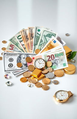 A creative representation of money, featuring a variety of currency notes and coins from around the world, including American dollars, Japanese yen, Euros, and British pounds, elegantly arranged in a visually striking composition