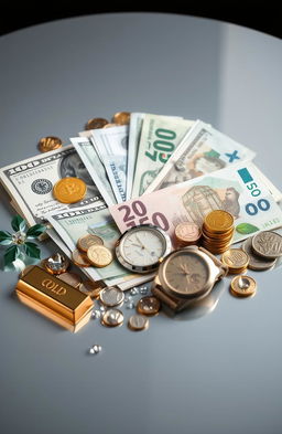 A creative representation of money, featuring a variety of currency notes and coins from around the world, including American dollars, Japanese yen, Euros, and British pounds, elegantly arranged in a visually striking composition