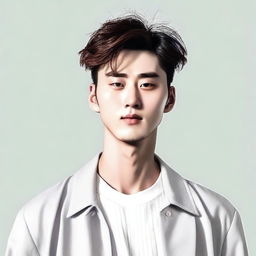 A cool and handsomely depicted Korean man, radiating a confident aura, set against a clean, white background.