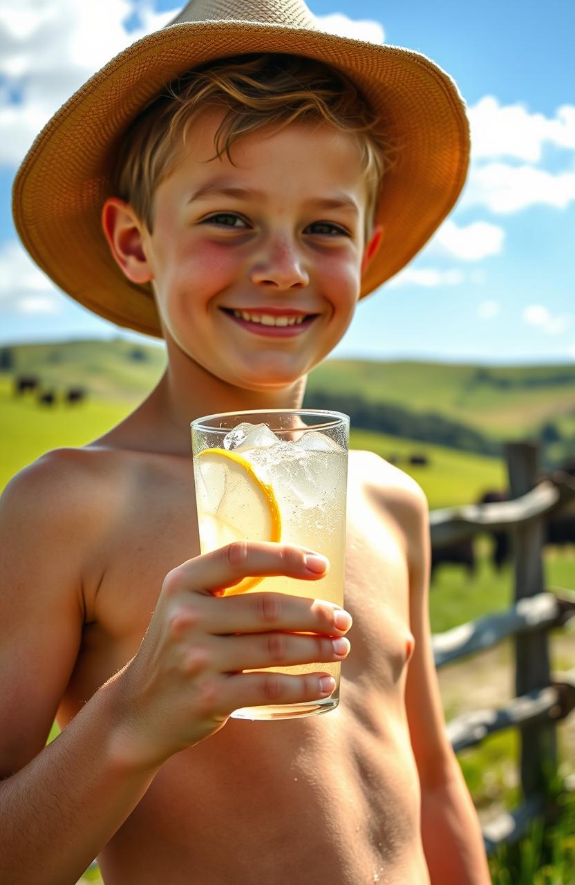 A shirtless young country farmer boy with a sun-kissed tan, standing in a sunlit rural field