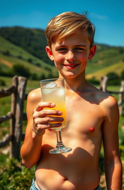 A shirtless young country farmer boy with a sun-kissed tan, standing in a sunlit rural field