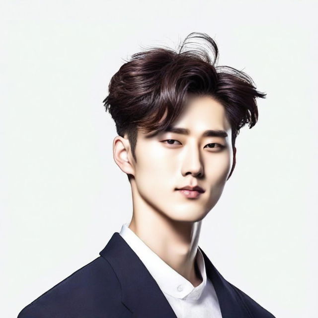 A cool and handsomely depicted Korean man, radiating a confident aura, set against a clean, white background.