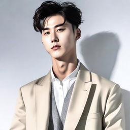 A cool and handsomely depicted Korean man, radiating a confident aura, set against a clean, white background.