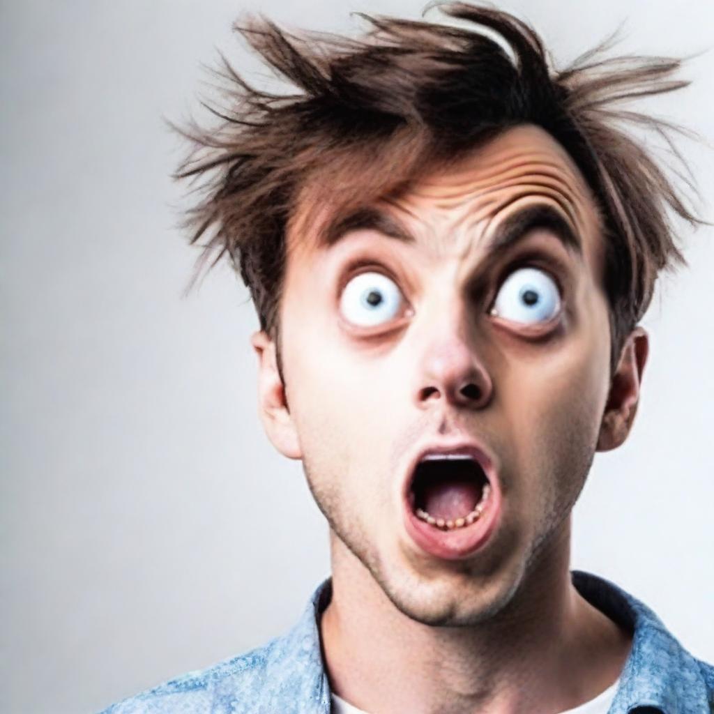 A cool, handsome man displaying shock, with wide eyes and open mouth, set against a stark white background.