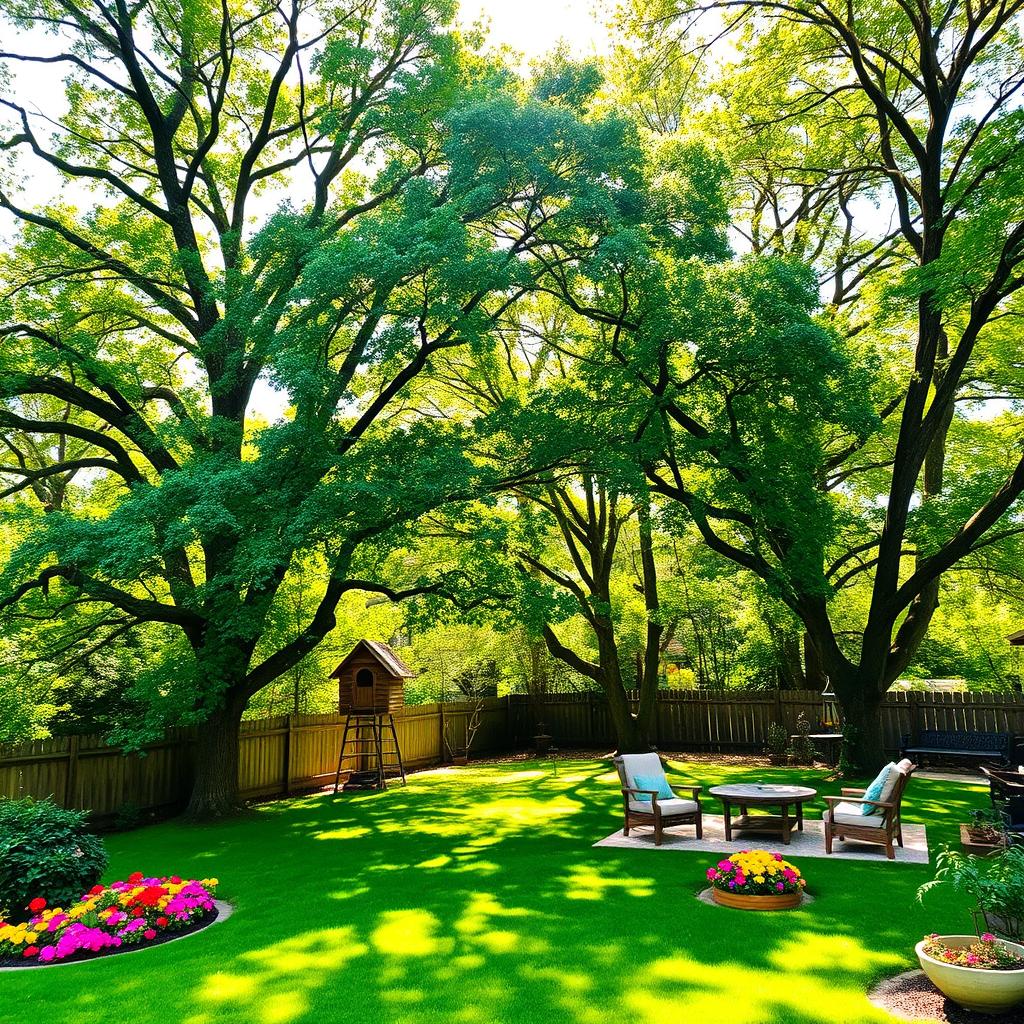 A picturesque backyard scene filled with lush green trees providing ample shade and creating a serene atmosphere