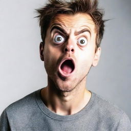 A cool, handsome man displaying shock, with wide eyes and open mouth, set against a stark white background.