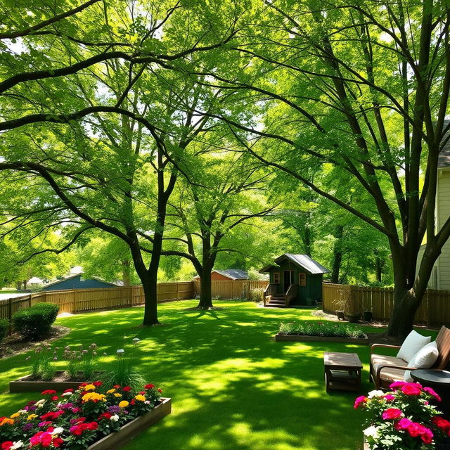 A picturesque backyard scene filled with lush green trees providing ample shade and creating a serene atmosphere