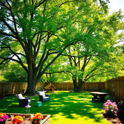 A picturesque backyard scene filled with lush green trees providing ample shade and creating a serene atmosphere