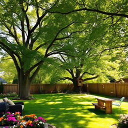 A picturesque backyard scene filled with lush green trees providing ample shade and creating a serene atmosphere
