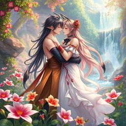 An artistic representation of a fantasy world featuring an ethereal landscape with vibrant colors and mystical creatures