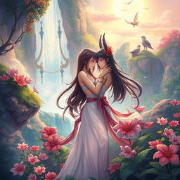 An artistic representation of a fantasy world featuring an ethereal landscape with vibrant colors and mystical creatures