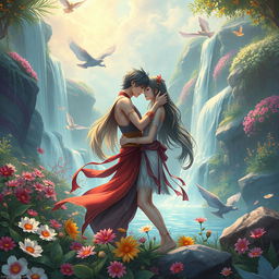 An artistic representation of a fantasy world featuring an ethereal landscape with vibrant colors and mystical creatures