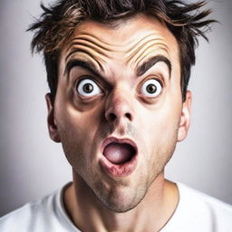 A cool, handsome man displaying shock, with wide eyes and open mouth, set against a stark white background.