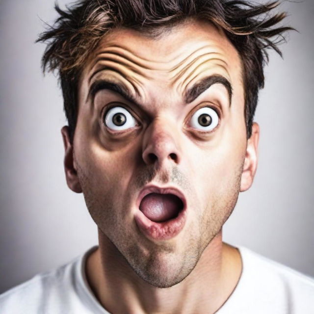 A cool, handsome man displaying shock, with wide eyes and open mouth, set against a stark white background.