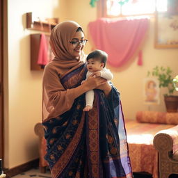 A Muslim mother elegantly dressed in a beautiful, flowing saree, showcasing intricate patterns and vibrant colors