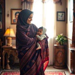 A Muslim mother elegantly dressed in a beautiful, flowing saree, showcasing intricate patterns and vibrant colors