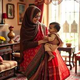 A Muslim mother elegantly dressed in a beautiful, flowing saree, showcasing intricate patterns and vibrant colors