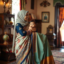 A Muslim mother elegantly dressed in a beautiful, flowing saree, showcasing intricate patterns and vibrant colors