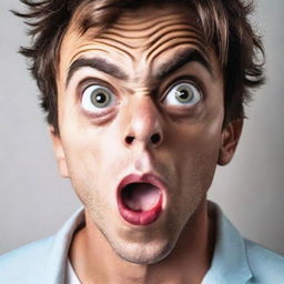 A cool, handsome man displaying shock, with wide eyes and open mouth, set against a stark white background.