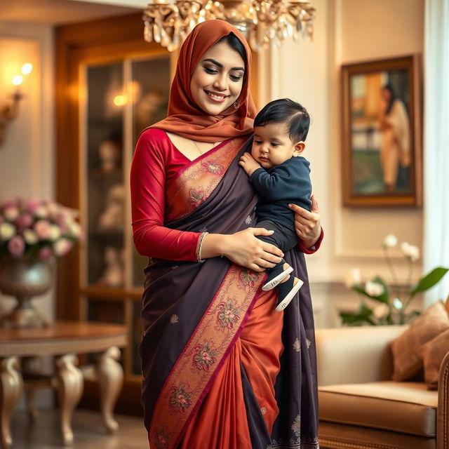 A Muslim mother wearing a stunning, form-fitting saree that accentuates her elegant curves