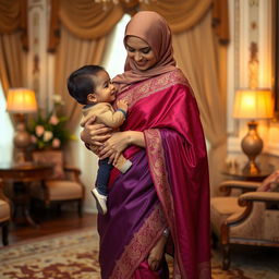 A Muslim mother wearing a stunning, form-fitting saree that accentuates her elegant curves