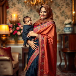 A Muslim mother wearing a stunning, form-fitting saree that accentuates her elegant curves