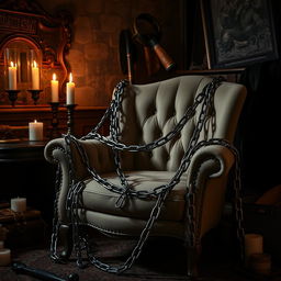 A scene depicting BDSM bondage with chains, featuring an elegant and atmospheric dungeon setting
