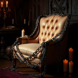 A scene depicting BDSM bondage with chains, featuring an elegant and atmospheric dungeon setting