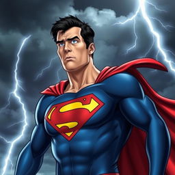 Superman, with a fearful expression, standing in a dynamic pose, looking startled at something in front of him