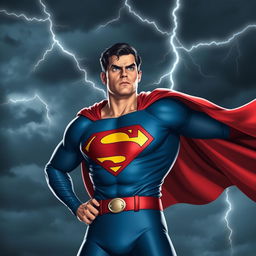 Superman, with a fearful expression, standing in a dynamic pose, looking startled at something in front of him