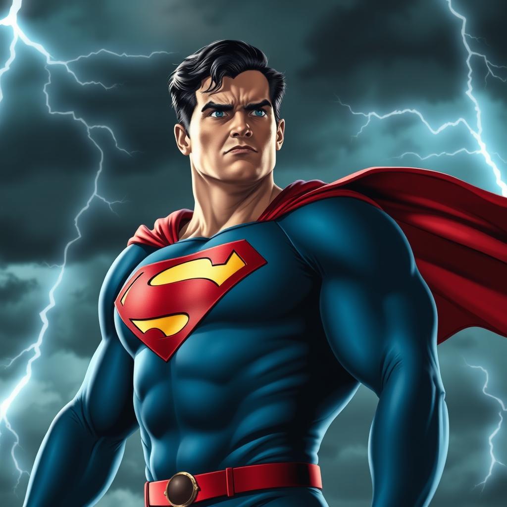 Superman, with a fearful expression, standing in a dynamic pose, looking startled at something in front of him