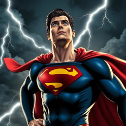 Superman, with a fearful expression, standing in a dynamic pose, looking startled at something in front of him